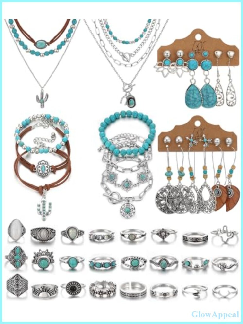 Bohemian Jewelry Set with Turquoise Necklace, Dangle Earrings, Stackable
